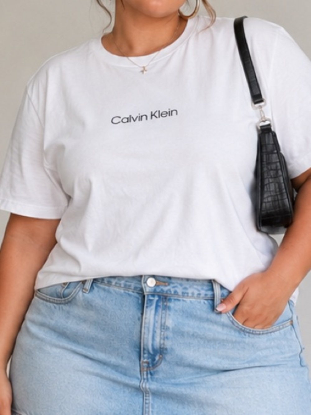 Calvin Klein White Logo Tee with Light Blue Denim Mini